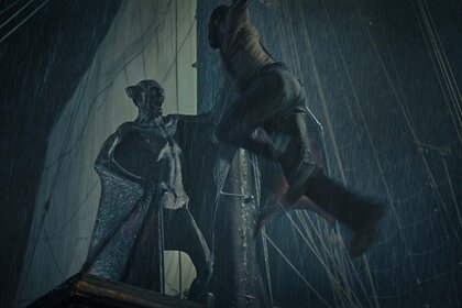 (from left) Nosferatu (Javier Botet) and Clemens (Corey Hawkins) in The Last Voyage of the Demeter (2023)