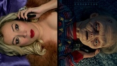 A split image of Tiffany Valentine and Chucky talking on the phone