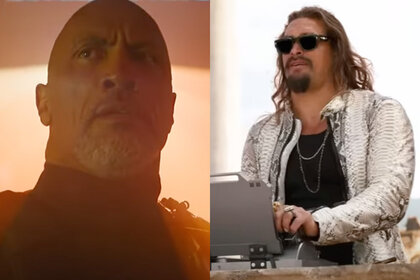 A split screen image of Hobbs (Dwayne Johnson) and Dante Reyes (Jason Momoa) in Fast X (2023)