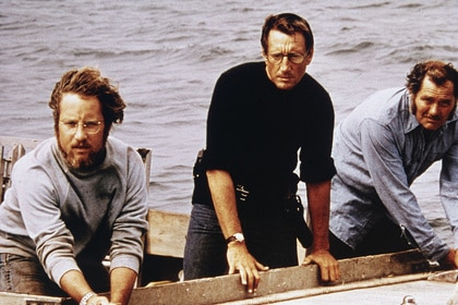 (L-R) Richard Dreyfuss, Roy Scheider and Robert Shaw on a boat in Jaws (1975)