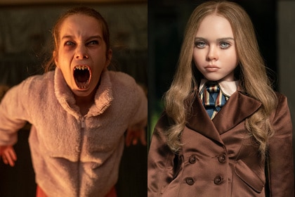 A split featuring Abigail (Alisha Weir) in Abigail (2024) and M3GAN in M3GAN (2023)