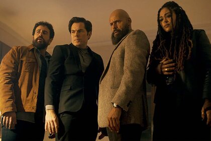 (l-r) Father Phil Orley (Adam Korson), Luke Roman (Tim Rozon), August Ripley (Maurice Dean Wint), and Zooey L'Enfant (Savannah Basley) glance down in SurrealEstate 201.