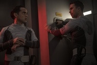 Lt. Spencer Lane (Reece Ritchie) and Lt. James Brice (Richard Fleeshman) pull a "DANGER" lever on The Ark Episode 206.