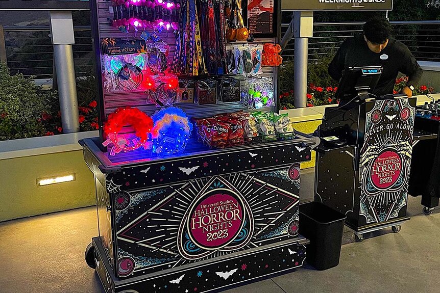 A merch cart at Halloween Horror Nights 2023 at Universal Studios Hollywood.