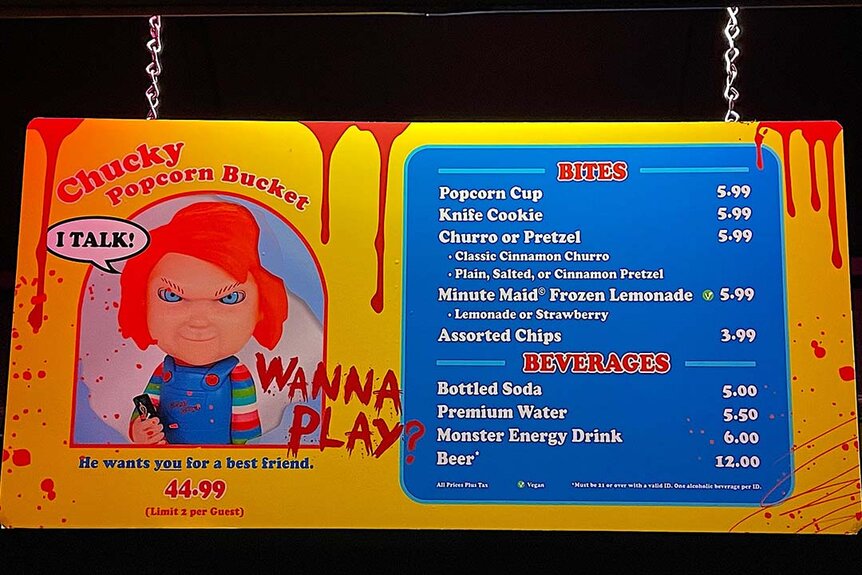 The menu at the Chucky activation at Halloween Horror Nights 2023 at Universal Studios Hollywood.