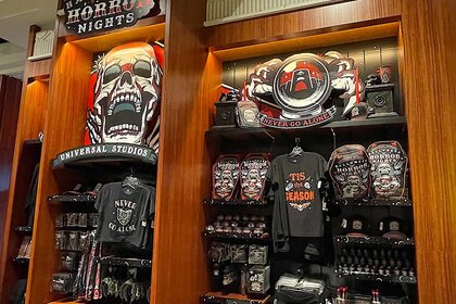 A merch display at Halloween Horror Nights 2023 at Universal Studios Hollywood.