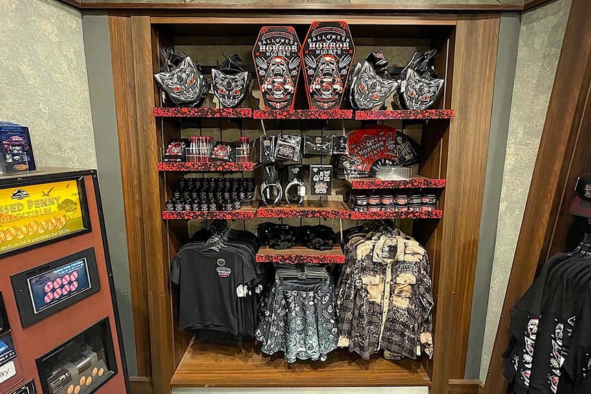 A merch display at Halloween Horror Nights 2023 at Universal Studios Hollywood.