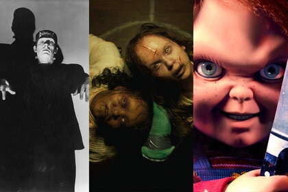 A split screen image featuring Bela Lugosi in Frankenstein Meets The Wolf Man; Angela Fielding (Lidya Jewett) and Katherine (Olivia Marcum) in The Exorcist: Believer (2023); Chucky