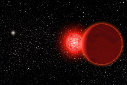 Artwork depicting the red dwarf/brown dwarf binary system called Scholz’s stars, which passed near Earth about 70,000 years ago (the Sun appears as a bright star to the left). Credit: Michael Osadciw/University of Rochester