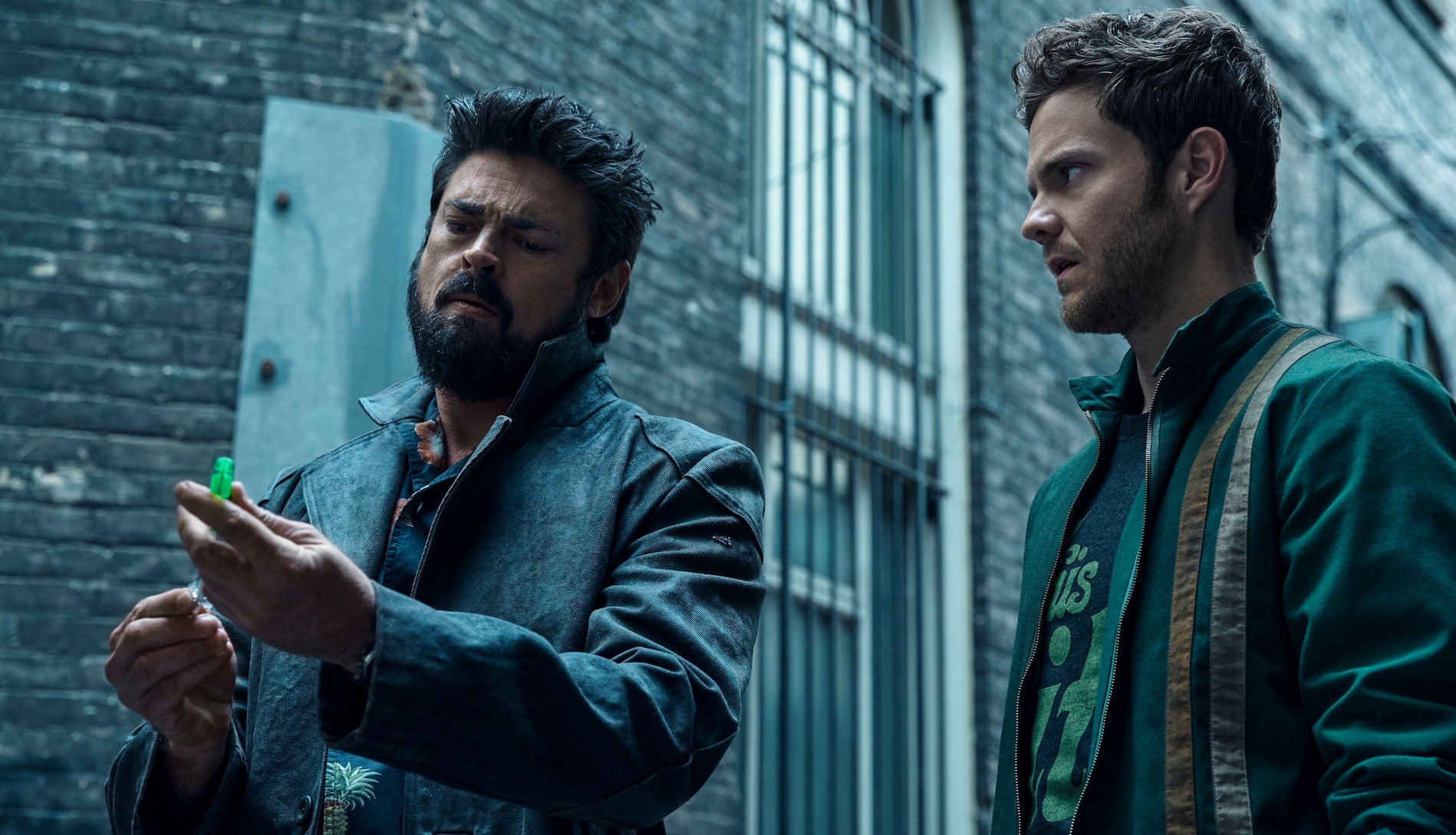 Karl Urban (Billy Butcher) and Jack Quaid (Hughie Campbell) in The Boys Season 3