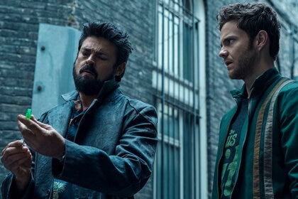 Karl Urban (Billy Butcher) and Jack Quaid (Hughie Campbell) in The Boys Season 3