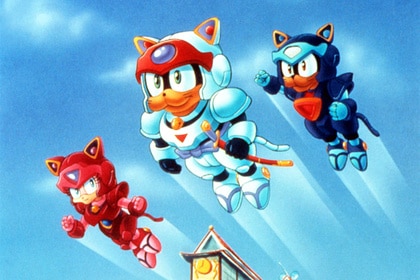 Three Samurai Pizza Cats fly through the air.