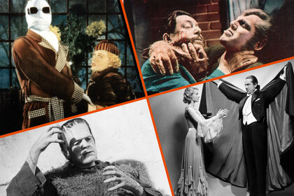 A collage featuring Universal Monsters from the films The Invisible Man (1933), Werewolf of London (1935), Son of Frankenstein (1939); and Dracula (1931).